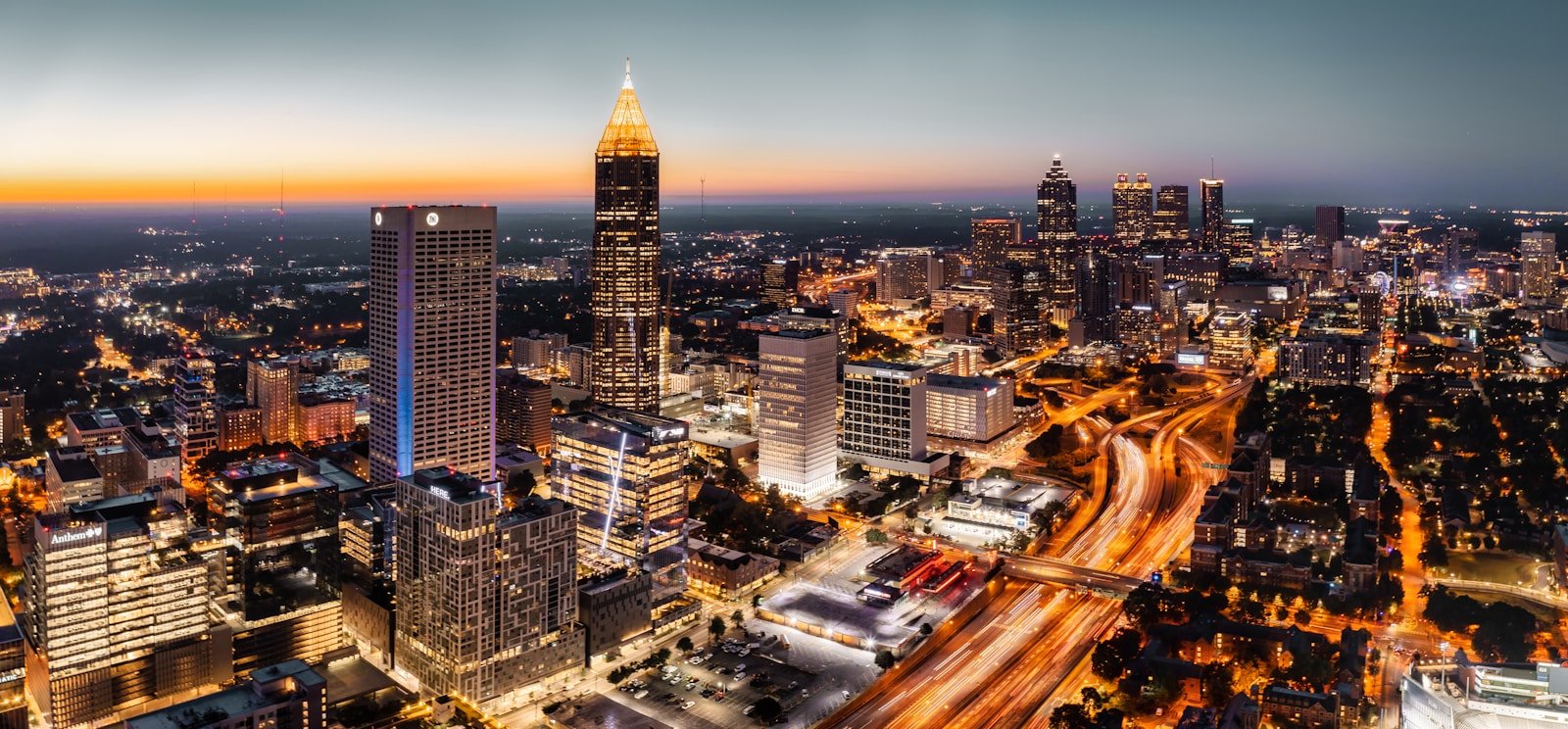 an aerial view of a city at night