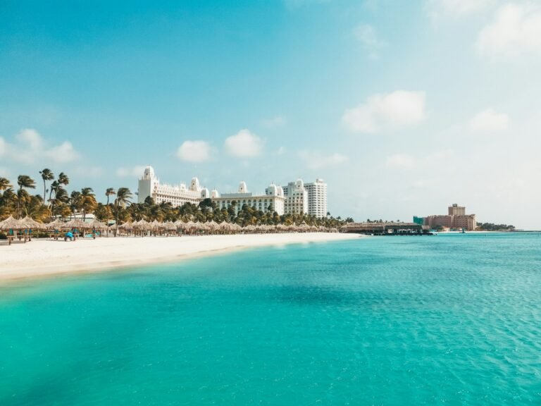 Aruba Travel Guide, a view of a beach with a hotel in the background