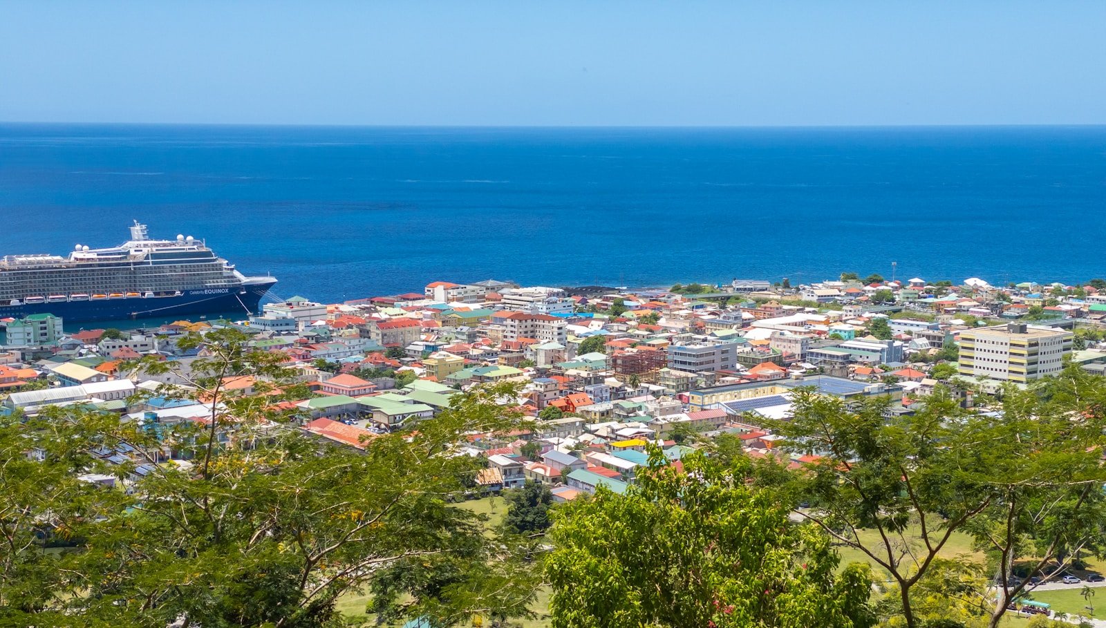 Dominica Travel Guide a cruise ship is docked in the water near a city