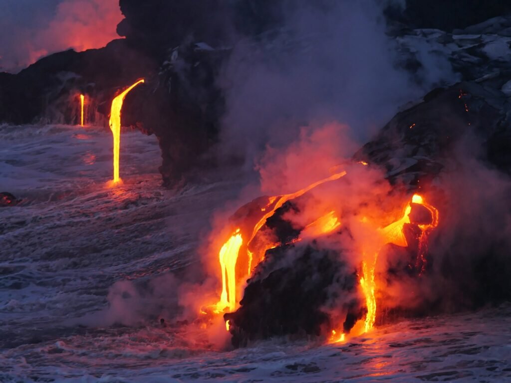 hawaii volcano photo of lava flowing on land