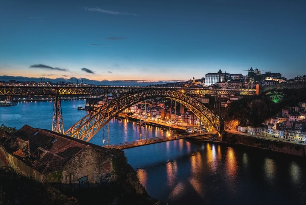 Porto, Portugal brown bridge with light