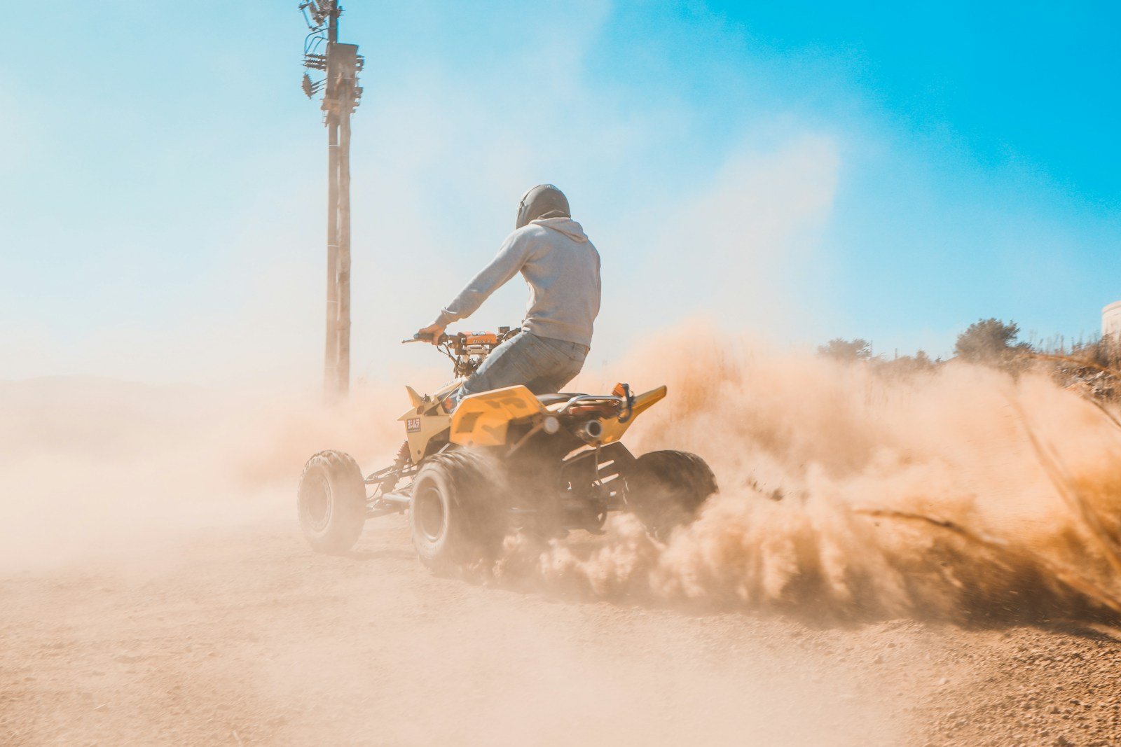 wheels bikesbooking man riding on yellow and black atv