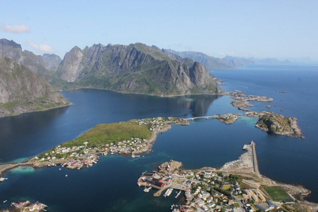 Lofoten Islands aerial photo of mountain and body of water