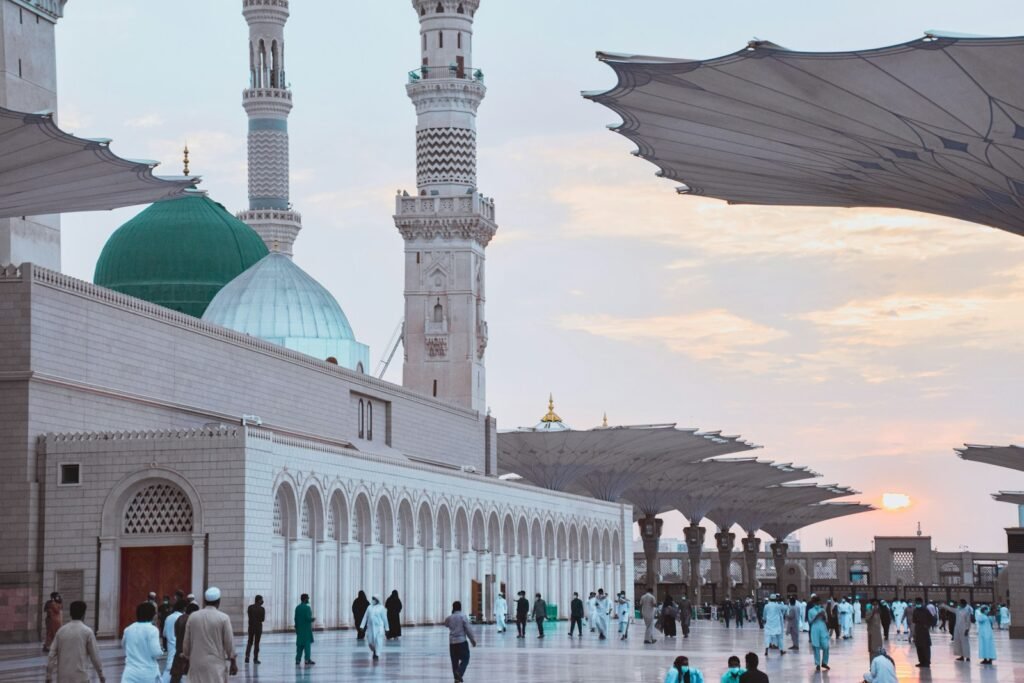 Masjid Nabawi and Sunrise Madinah Saudi Arabia white concrete building under blue sky during daytime
